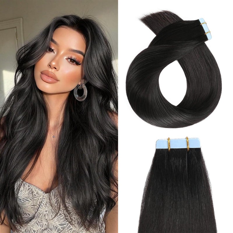 YILITE Off Black Tape in Hair Extensions Human Hair,20 inch 20pcs 50g Silky Straight Tape ins,Seamless Skin Weft Tape in Human Hair Extensions,Natural Black Extensions Real Human Hair - Image 1